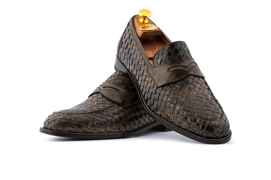 Hand-painted woven leather moccasin