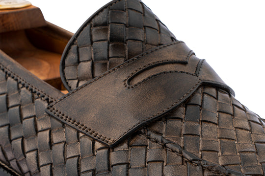 Hand-painted woven leather moccasin