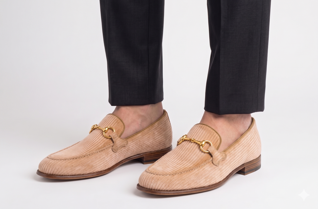 Striped suede moccasin with belt loop