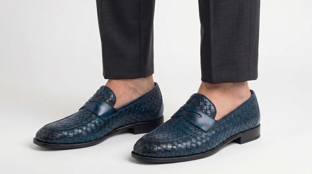 Hand-painted woven leather moccasin