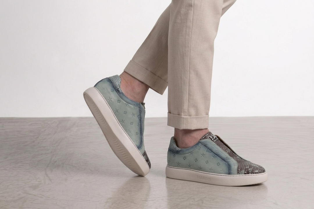 Sneakers slipon in suede stampato e pitone Celeste