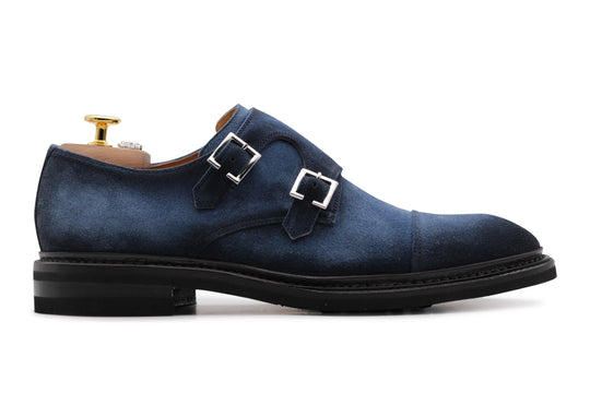 Doppia fibbia in suede blu sfumata a mano