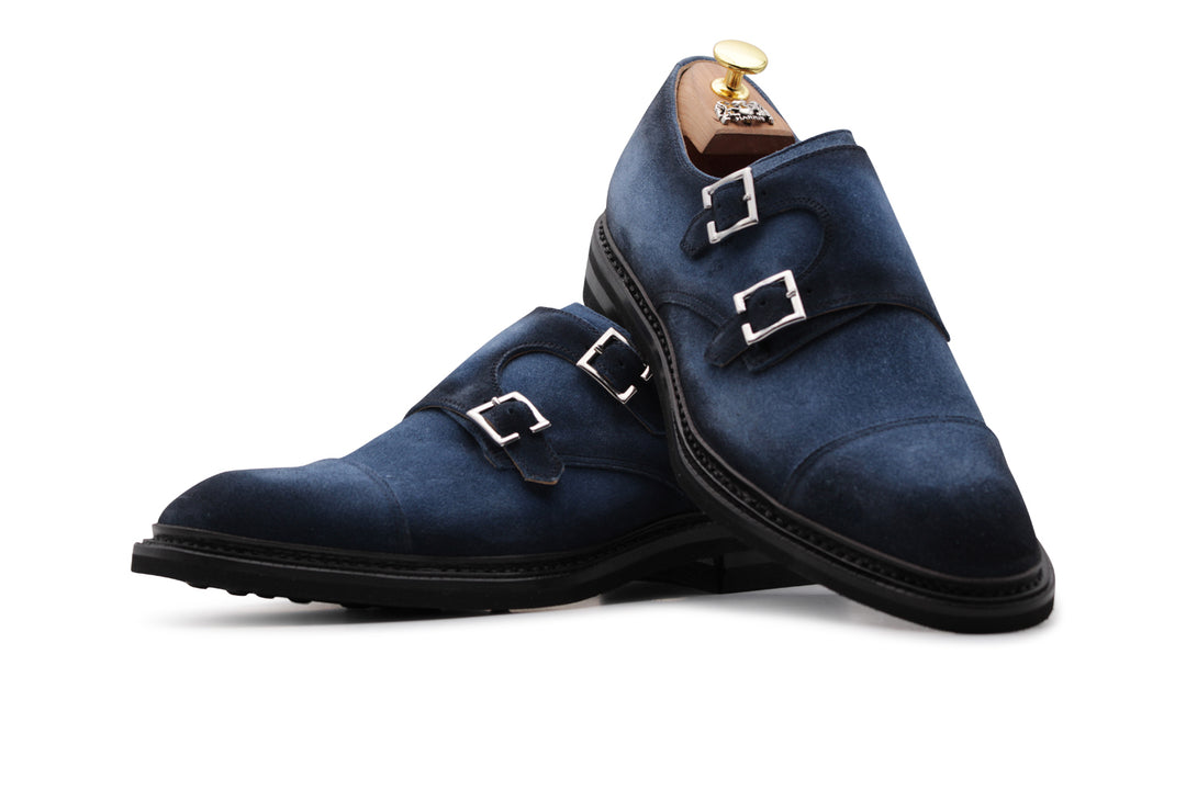 Doppia fibbia in suede blu sfumata a mano