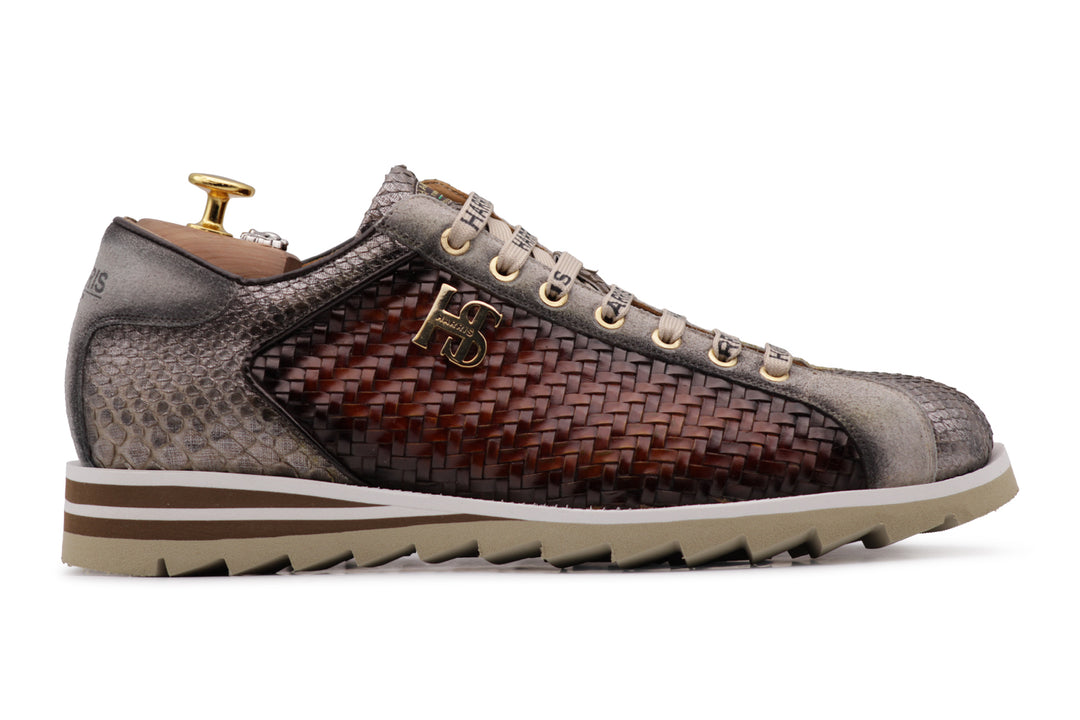 Sneakers in woven leather and python