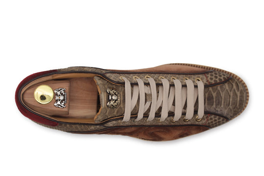 Sneakers in suede e pitone con cuciture imbottite