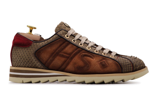 Sneakers in suede e pitone con cuciture imbottite