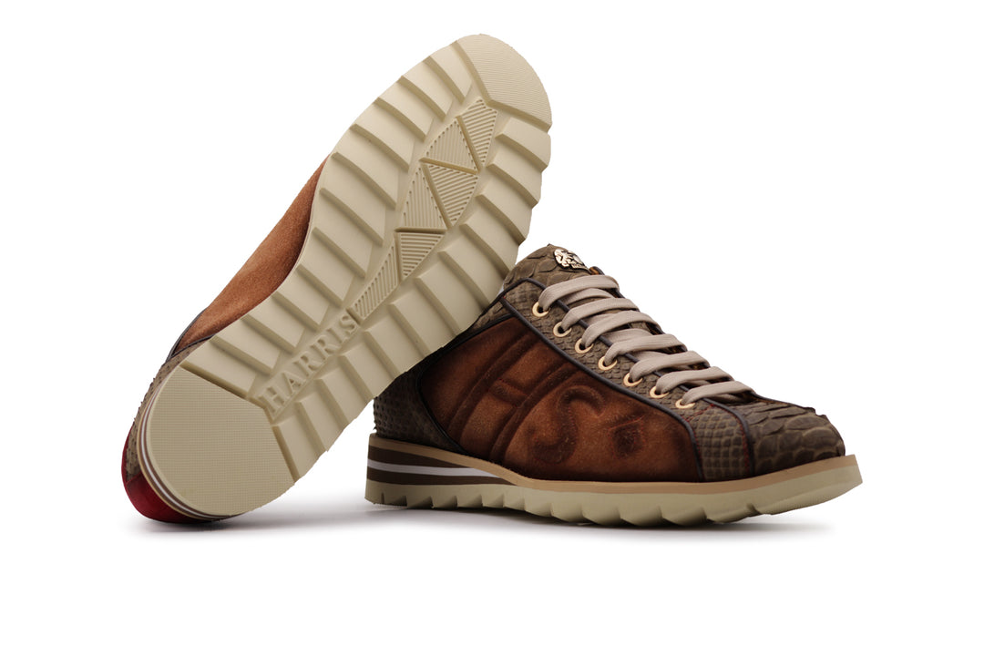 Sneakers in suede e pitone con cuciture imbottite
