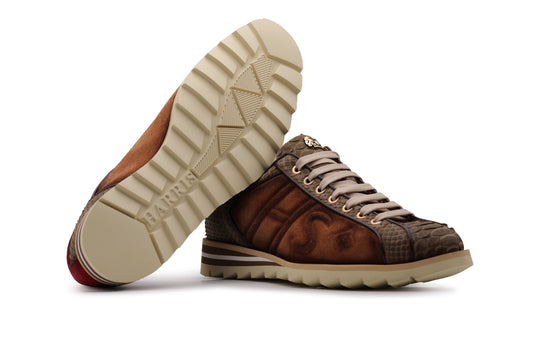 Sneakers in suede e pitone con cuciture imbottite
