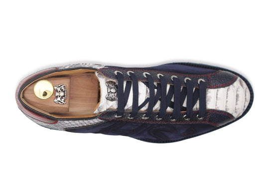 Sneakers in suede e pitone con cuciture imbottite