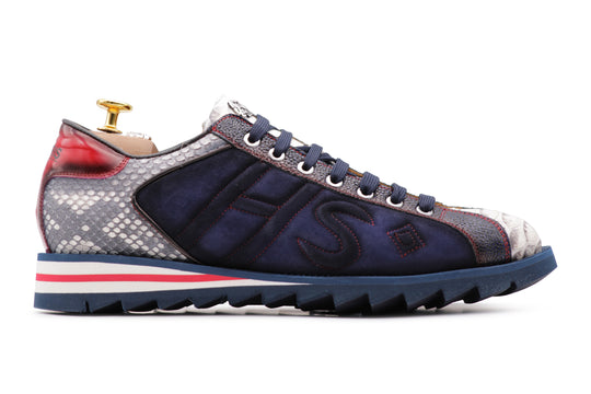 Sneakers in suede e pitone con cuciture imbottite