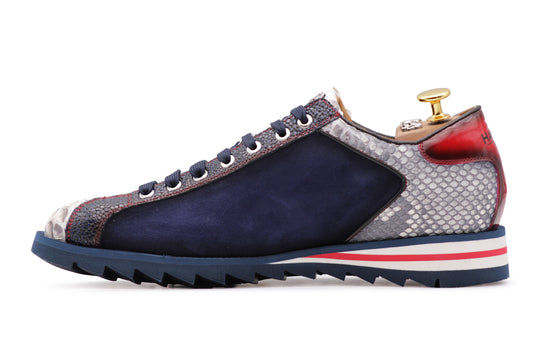 Sneakers in suede e pitone con cuciture imbottite
