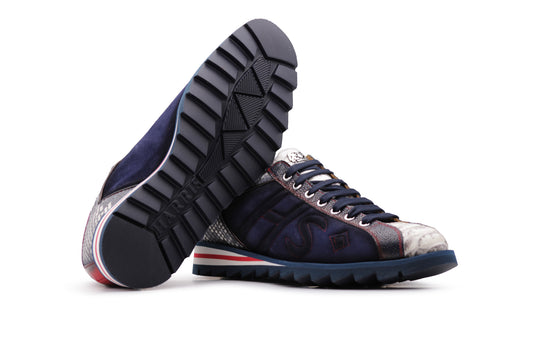 Sneakers in suede e pitone con cuciture imbottite
