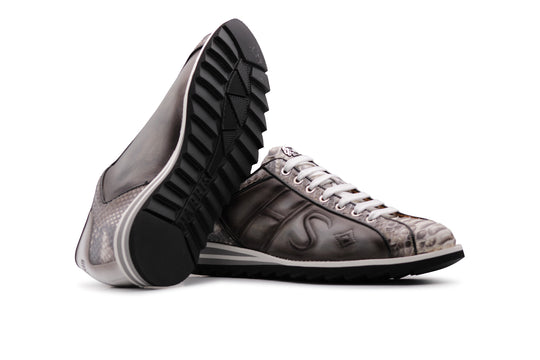 Sneakers in suede e pitone con cuciture imbottite